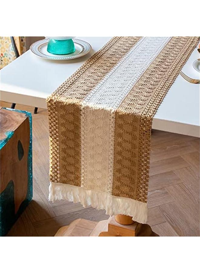 HOOKOR Macrame Table Runner Farmhouse Style, Natural Burlap Boho Table Runner Modern Farmhouse Decor Rustic Woven Cotton Crochet Lace for Bohemian, Rustic, Bridal, Dinner, 72 x 12 (Brown) - Image 1