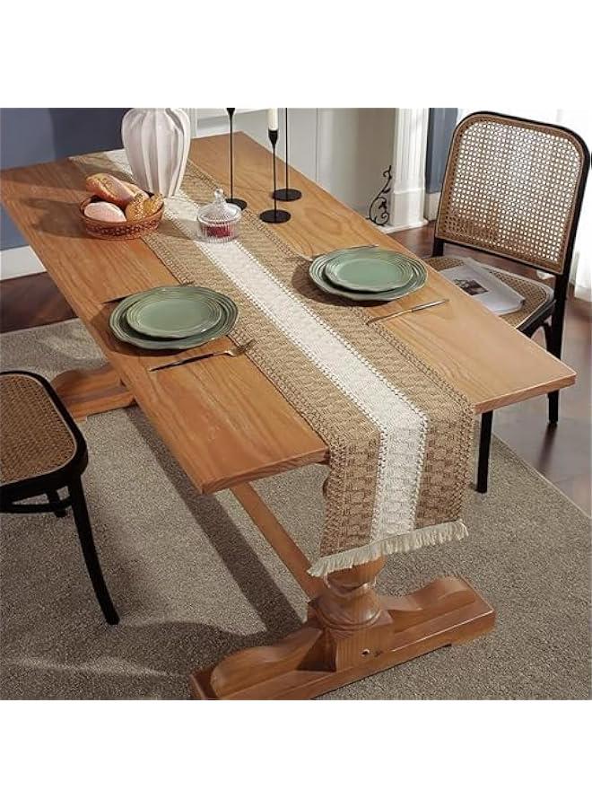 HOOKOR Macrame Table Runner Farmhouse Style, Natural Burlap Boho Table Runner Modern Farmhouse Decor Rustic Woven Cotton Crochet Lace for Bohemian, Rustic, Bridal, Dinner, 72 x 12 (Brown) - Image 3
