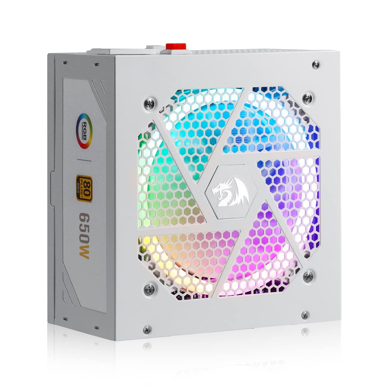 Redragon RGPS-650W 80+ Gold 650 Watt ATX Fully Modular Power Supply w/ 80 Plus Gold Certified, Compact 160mm Size and Low Noise RGB Fan 0 RPM, 100% Japanese Capacitors, Full Mod Cables, White - Image 1
