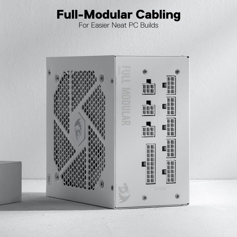 Redragon RGPS-650W 80+ Gold 650 Watt ATX Fully Modular Power Supply w/ 80 Plus Gold Certified, Compact 160mm Size and Low Noise RGB Fan 0 RPM, 100% Japanese Capacitors, Full Mod Cables, White - Image 4
