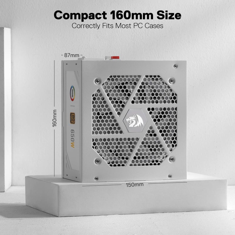 Redragon RGPS-650W 80+ Gold 650 Watt ATX Fully Modular Power Supply w/ 80 Plus Gold Certified, Compact 160mm Size and Low Noise RGB Fan 0 RPM, 100% Japanese Capacitors, Full Mod Cables, White - Image 5