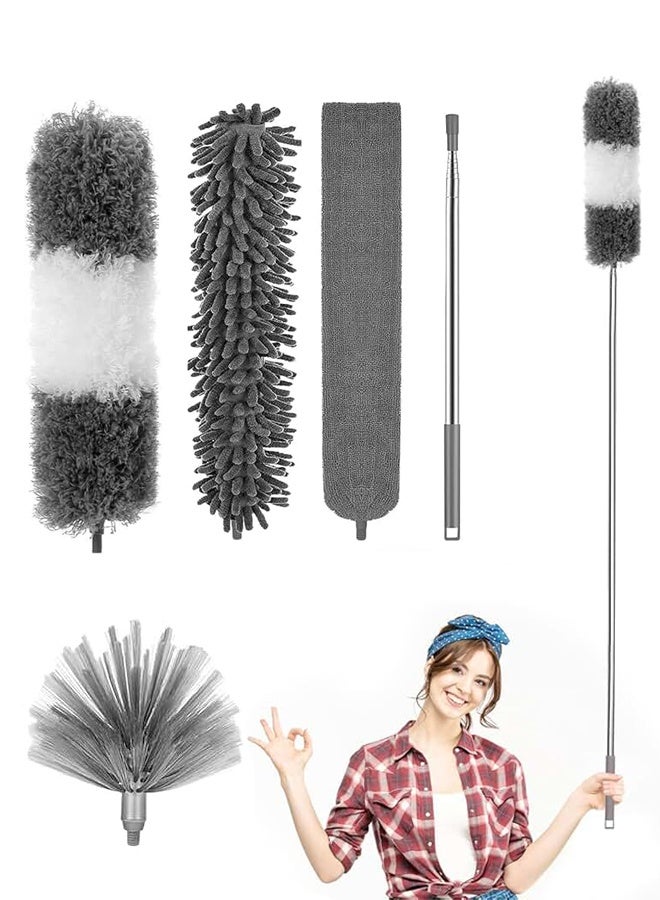 5 Pcs Microfiber Duster Brush Kit, Duster for Cleaning Spider Web Remover With Extension Pole Removable Fiber Brush Hand, Dust Cleaning Gap Dust For Ceiling Fan High Ceiling Blinds Furniture Cars - Image 1