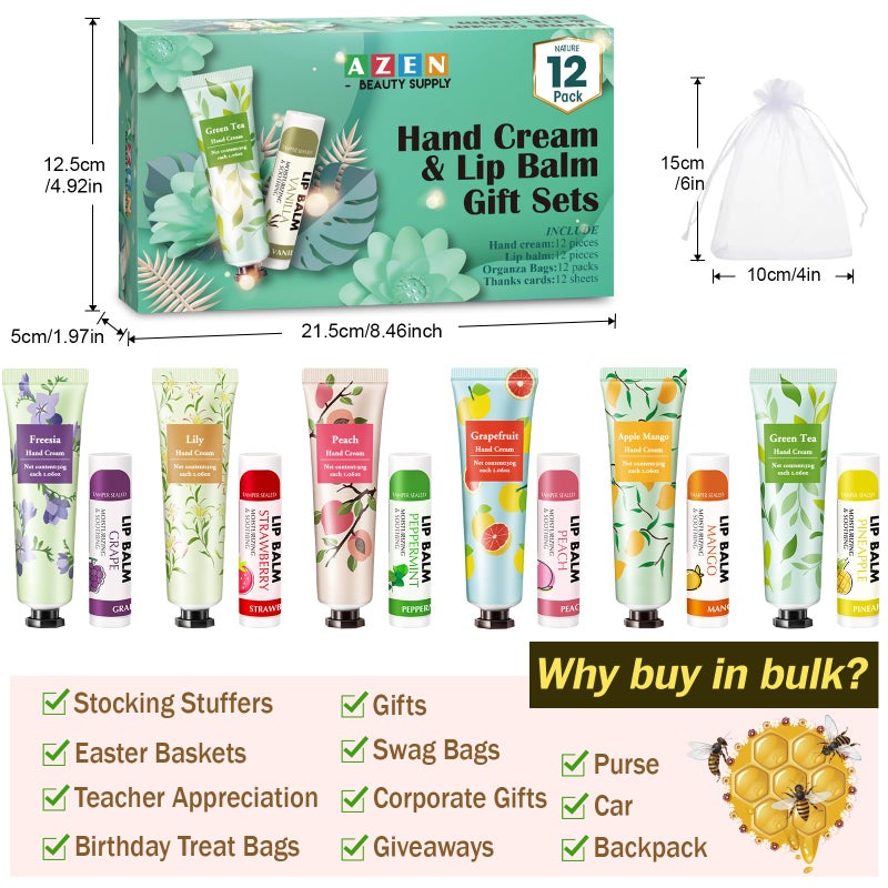 AZEN 12 Sets Bulk Gifts, Hand Cream and Lip Balm Bulk Set with Organza Bag Thank You Card, Baby Shower Wedding Gifts for Guests, Bridal Wedding Favors for Guests,Thank You Gift for Women - Image 5