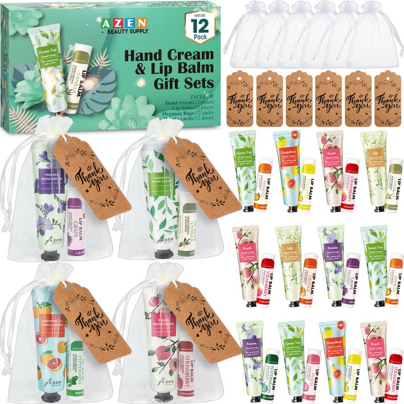 AZEN 12 Sets Bulk Gifts, Hand Cream and Lip Balm Bulk Set with Organza Bag Thank You Card, Baby Shower Wedding Gifts for Guests, Bridal Wedding Favors for Guests,Thank You Gift for Women - Image 1