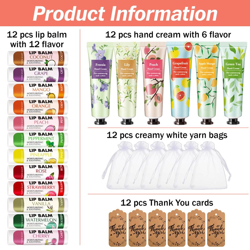 AZEN 12 Sets Bulk Gifts, Hand Cream and Lip Balm Bulk Set with Organza Bag Thank You Card, Baby Shower Wedding Gifts for Guests, Bridal Wedding Favors for Guests,Thank You Gift for Women - Image 2