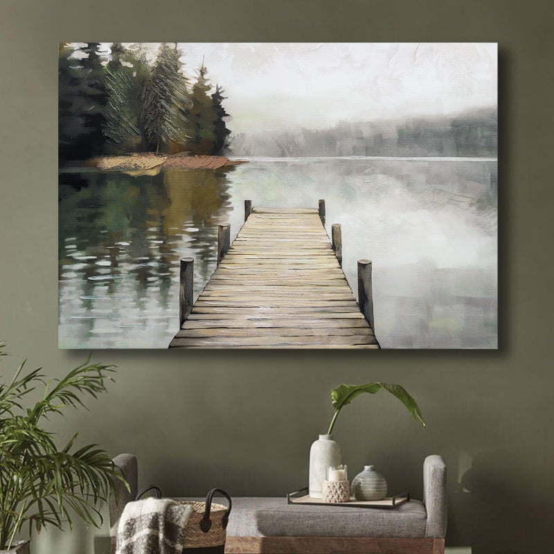 JolyWell Nature Landscape Large Wall Art Canvas Pictureï¼ŒHorizontal Dock Forest Artwork Decorï¼ŒModern Hand Painted Textured Lake Scenery Artwork Painting Decor, Wall Pictures for Bedroom Living Room 40x 28 Inch - Image 3