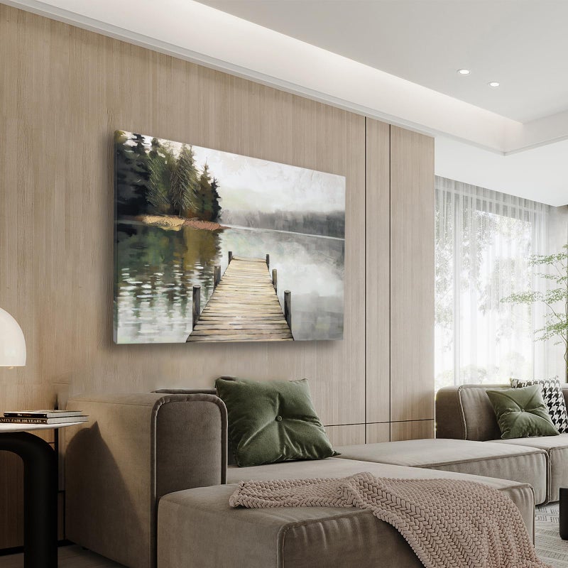 JolyWell Nature Landscape Large Wall Art Canvas Pictureï¼ŒHorizontal Dock Forest Artwork Decorï¼ŒModern Hand Painted Textured Lake Scenery Artwork Painting Decor, Wall Pictures for Bedroom Living Room 40x 28 Inch - Image 1