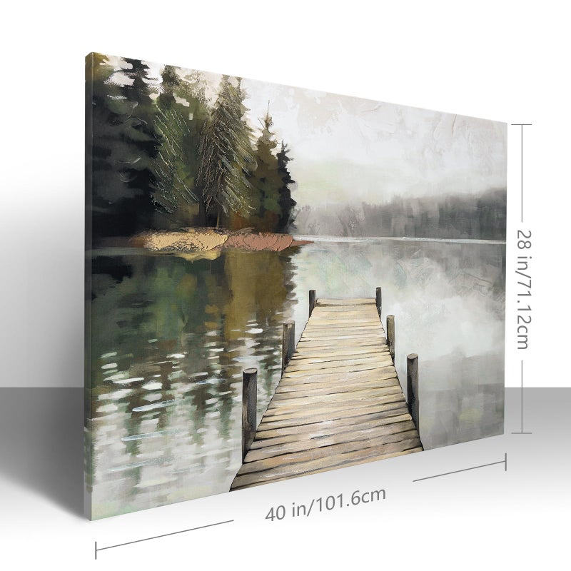 JolyWell Nature Landscape Large Wall Art Canvas Pictureï¼ŒHorizontal Dock Forest Artwork Decorï¼ŒModern Hand Painted Textured Lake Scenery Artwork Painting Decor, Wall Pictures for Bedroom Living Room 40x 28 Inch - Image 2