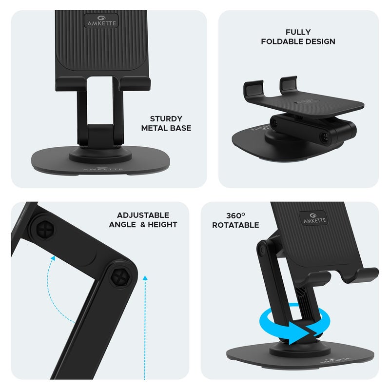 Amkette حامل هاتف محمول Ergo 360° دوار، تصميم قابل للطي مع قاعدة معدنية دائرية مستقرة، تعديلات متعددة للارتفاع والزوايا للهواتف الذكية، الأجهزة اللوحية، كيندل وآيباد، (أسود) - Image 2