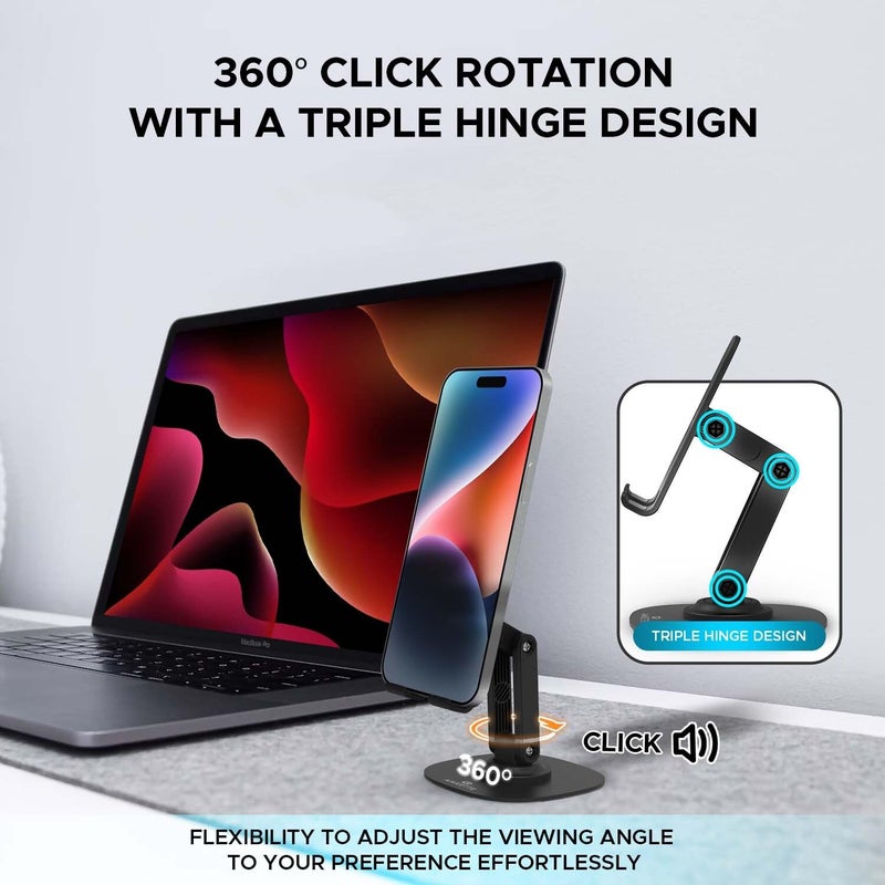 Amkette حامل هاتف محمول Ergo 360° دوار، تصميم قابل للطي مع قاعدة معدنية دائرية مستقرة، تعديلات متعددة للارتفاع والزوايا للهواتف الذكية، الأجهزة اللوحية، كيندل وآيباد، (أسود) - Image 3