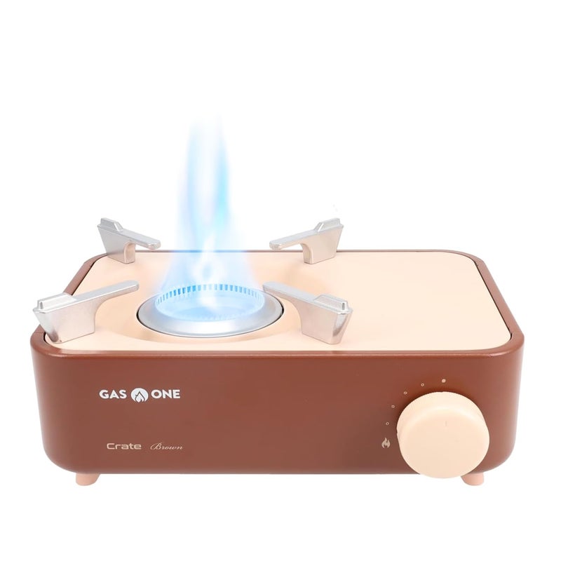 Gas One Butane Fuel Camp Stove  Crate Series  Mini Stove for Camping Hiking  Portable Gas Stove with Spiral Flame  Even Heat Distribution  Modern and Easy to Use Brown