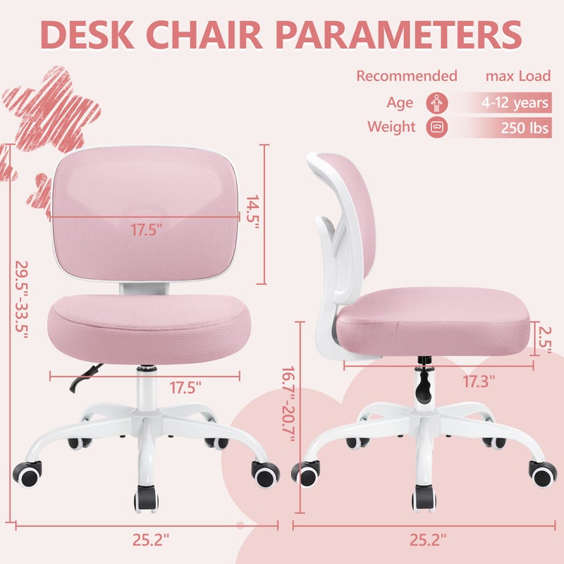 Primy Kids Desk Chair, Pink Study Chair for Boys Girls with Height Adjustable, Swivel Mesh Task Student Chairs for 4-12, Growing Teen Office Chair for Home/School/Office (Pink) - Image 5