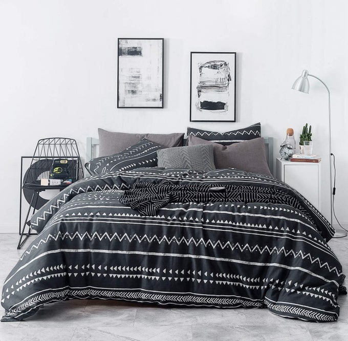BLACK GEOMETRIC DUVET COVER KING 100 COTTON 3 PIECES SET 1 VINTAGE BOHO AZTEC DUVET COVER WITH ZIPPER TIES 2 PILLOWCASES SOUTHWESTERN WHITE BOHEMIAN PRINT BEDDING SET SOFT COMFY