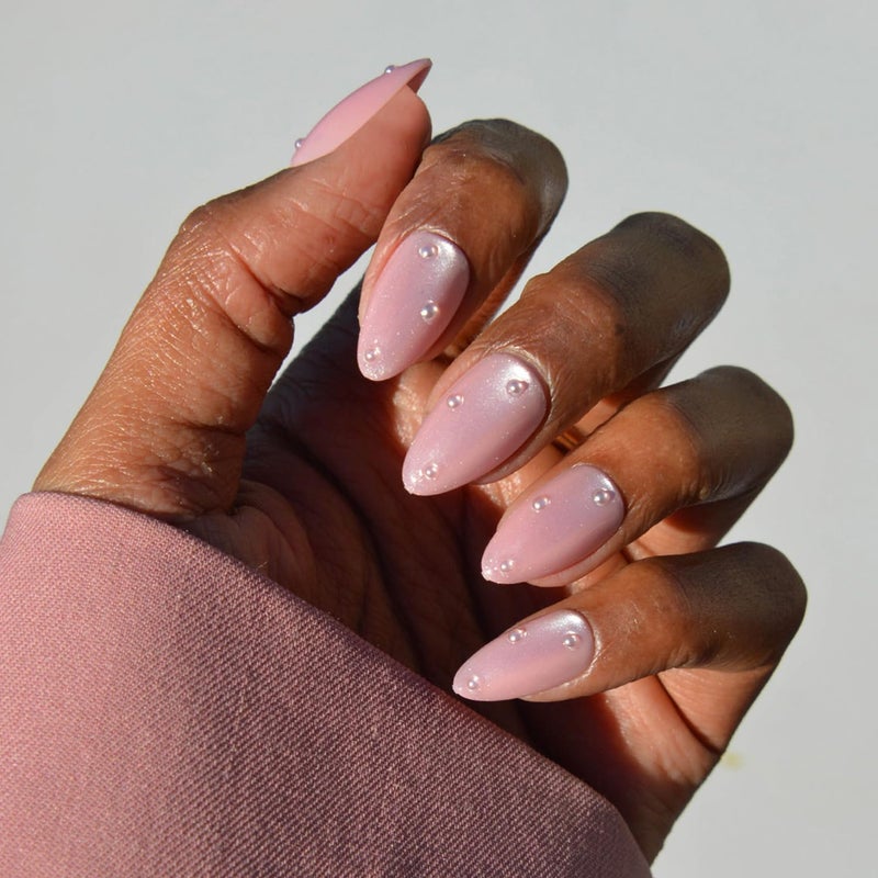 Glamnetic Valentines Day Glamnetic Press On Nails - Pearl Me Softly | Short Almond Fake Nails in a Soft Pastel Pink Hue with Girly 3D Pearls and a Velvet Finish | 15 Sizes - 30 Nail Kit with Glue - Image 1