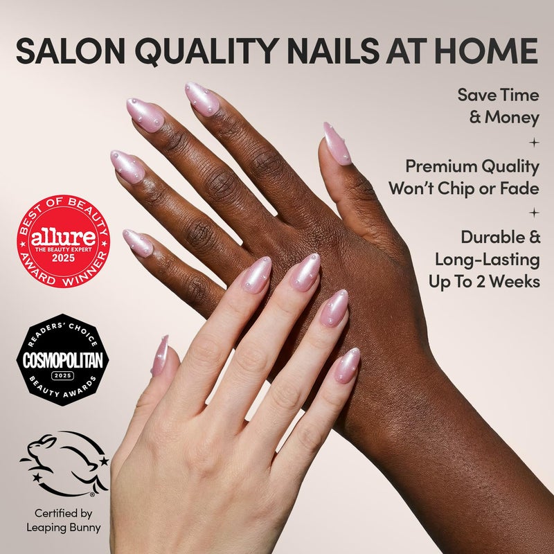 Glamnetic Valentines Day Glamnetic Press On Nails - Pearl Me Softly | Short Almond Fake Nails in a Soft Pastel Pink Hue with Girly 3D Pearls and a Velvet Finish | 15 Sizes - 30 Nail Kit with Glue - Image 2