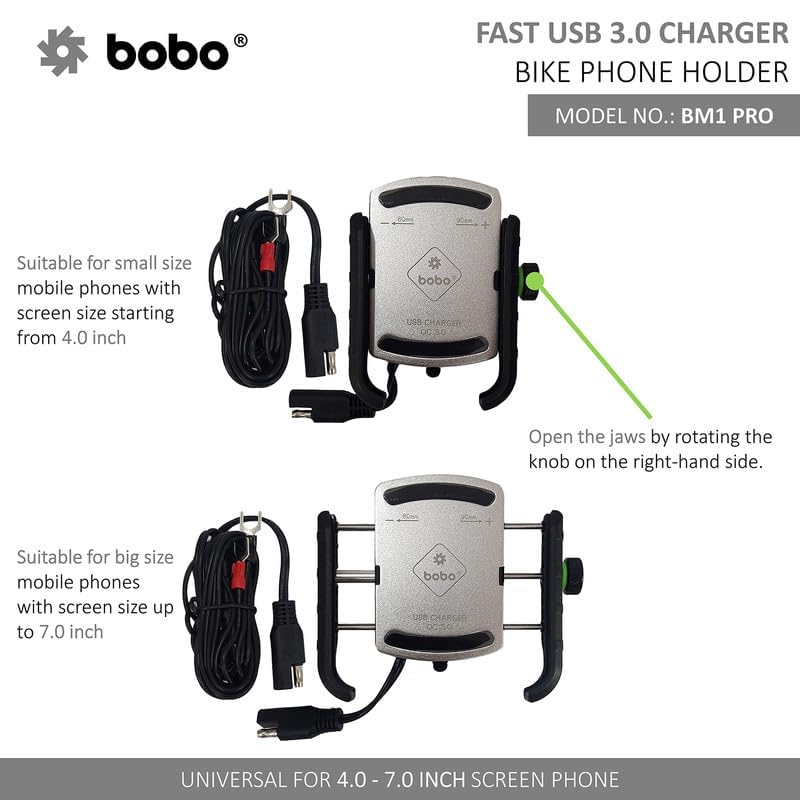 Bobo BM1 PRO Jaw-Grip Waterproof Bike/Motorcycle/Scooter Mobile Phone Holder Mount with Fast USB 3.0 Charger, SAE Connector & Small USB Cable, Ideal for Maps and GPS Navigation (Silver) - Image 4