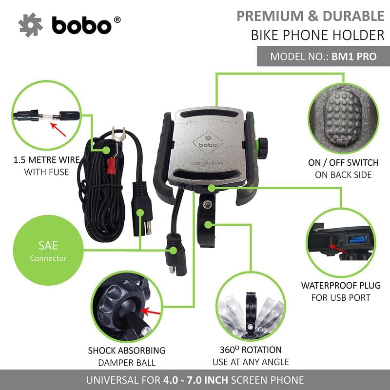 Bobo BM1 PRO Jaw-Grip Waterproof Bike/Motorcycle/Scooter Mobile Phone Holder Mount with Fast USB 3.0 Charger, SAE Connector & Small USB Cable, Ideal for Maps and GPS Navigation (Silver) - Image 3