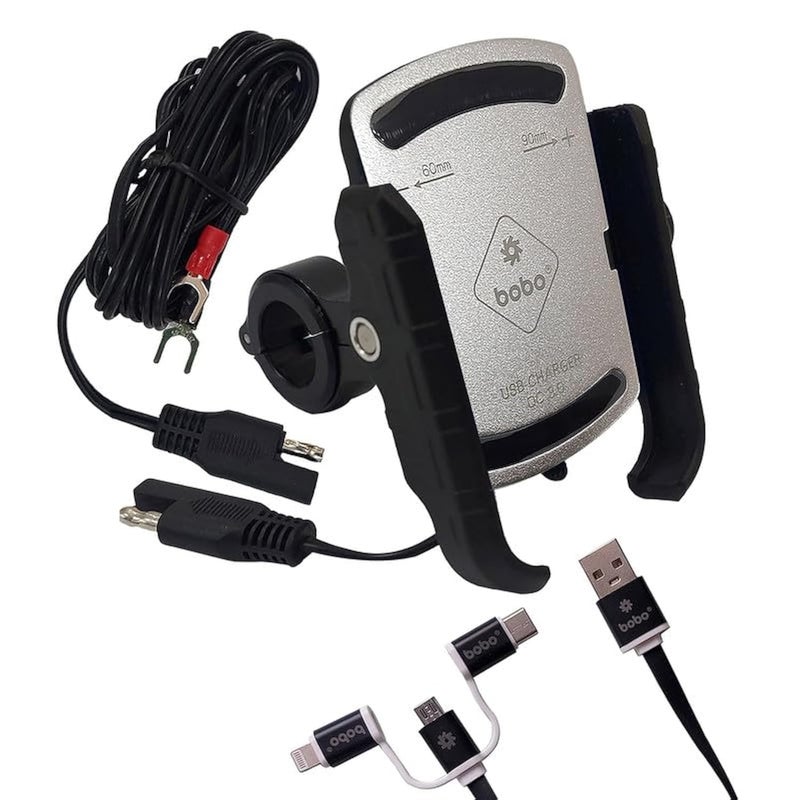 Bobo BM1 PRO Jaw-Grip Waterproof Bike/Motorcycle/Scooter Mobile Phone Holder Mount with Fast USB 3.0 Charger, SAE Connector & Small USB Cable, Ideal for Maps and GPS Navigation (Silver) - Image 1