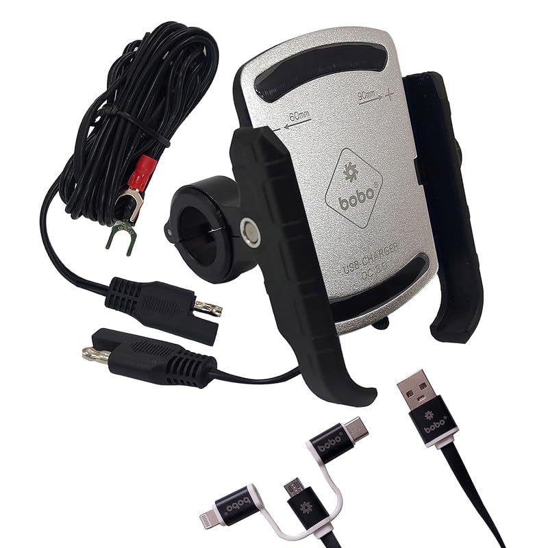 Bobo BM1 PRO Jaw-Grip Waterproof Bike/Motorcycle/Scooter Mobile Phone Holder Mount with Fast USB 3.0 Charger, SAE Connector & Small USB Cable, Ideal for Maps and GPS Navigation (Silver) - Image 2