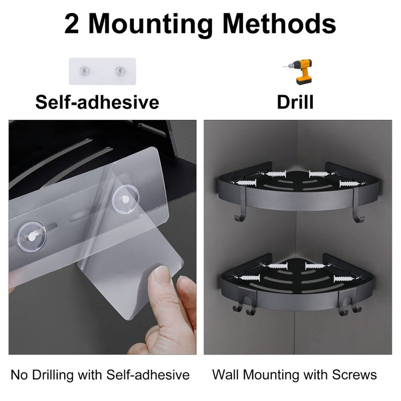 DUFU Adhesive Corner Shower Caddy with Hooks,Bathroom Shower Organizer, No Drilling Rust Proof Aluminum Shower Shelf for Inside Shower 2 Pack (Black) - Image 3