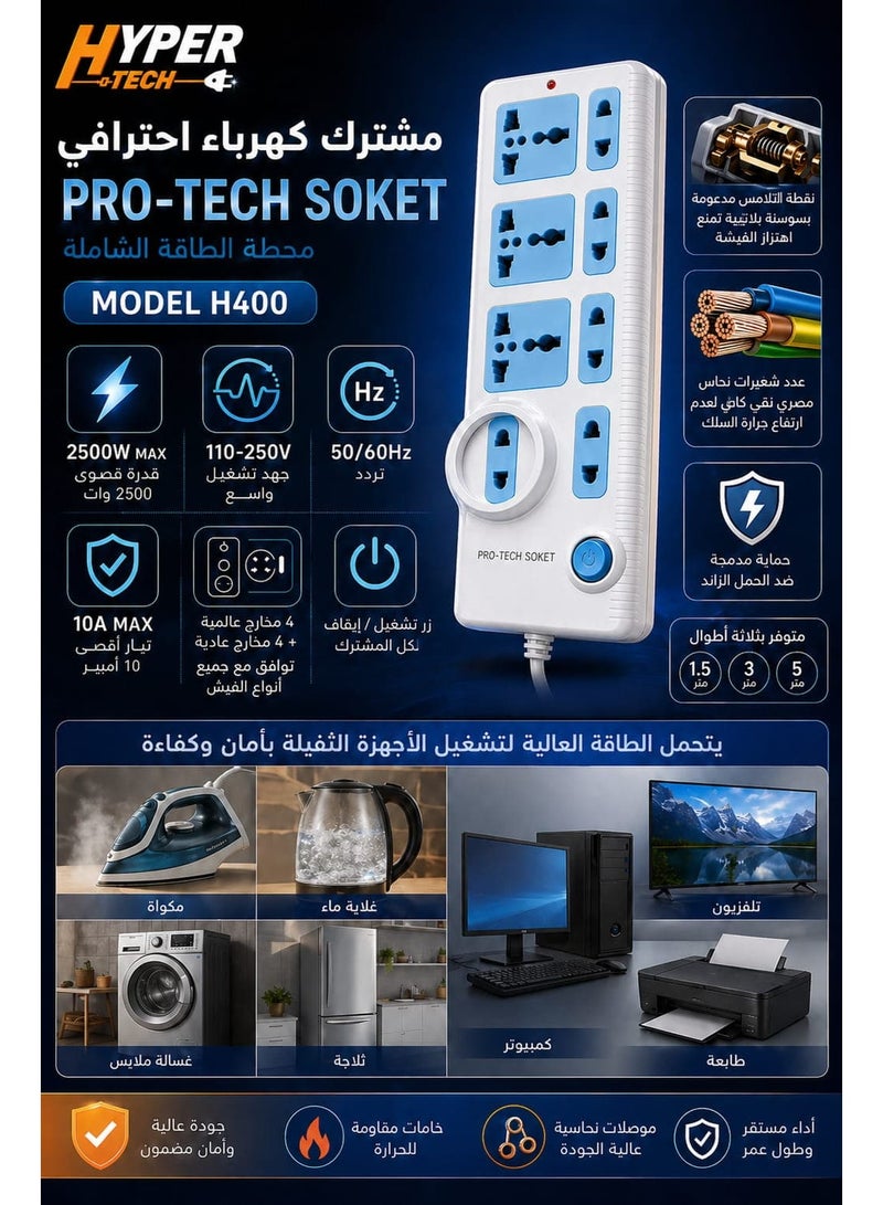 HYPERTECH Hyper Tech H400 Power Strip –1.5M - 2500W High Power – 100% Pure Copper – Platinum Spring Contacts – Universal Sockets 3M Cable – Overload Protection – Stable & Safe for Heavy-Duty Home Appliances - Image 2
