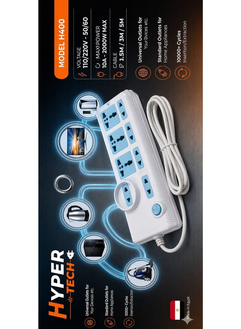 HYPERTECH Hyper Tech H400 Power Strip –1.5M - 2500W High Power – 100% Pure Copper – Platinum Spring Contacts – Universal Sockets 3M Cable – Overload Protection – Stable & Safe for Heavy-Duty Home Appliances - Image 5