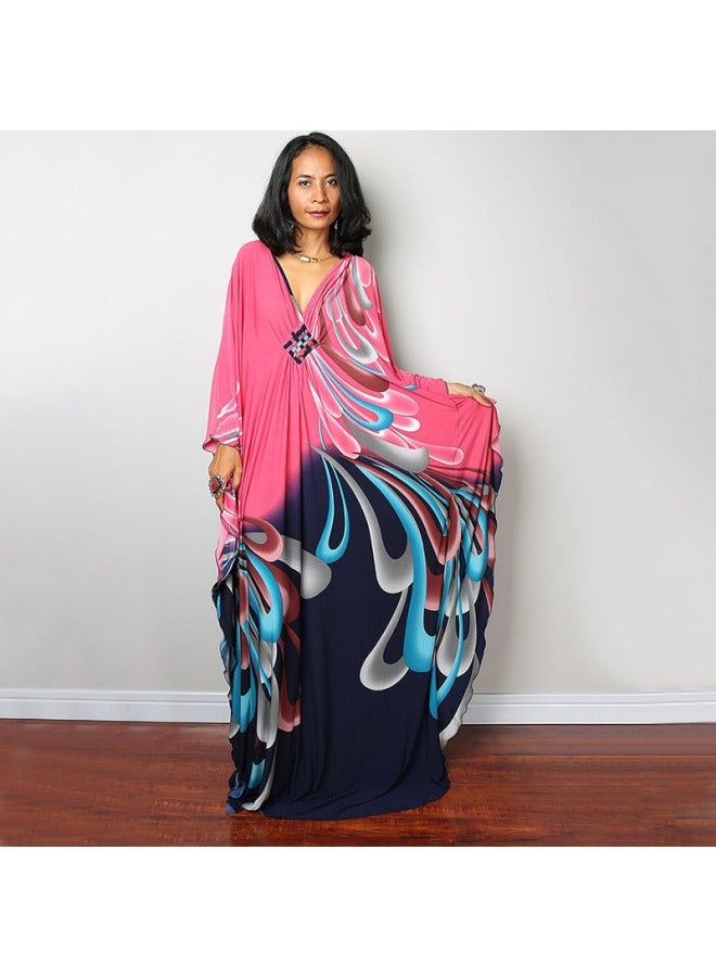 إسكدنيا تنورة الشاطئ الأوروبية والأمريكية الطويلة فضفاضة بالإضافة إلى حجم كبير بي ملابس خارجية ملابس السباحة بلوزة ملفوفة تنورة حجاب ملابس للحماية من الشمس - اللون: 78693-35 زهور وردية وزرقاء - - Image 1