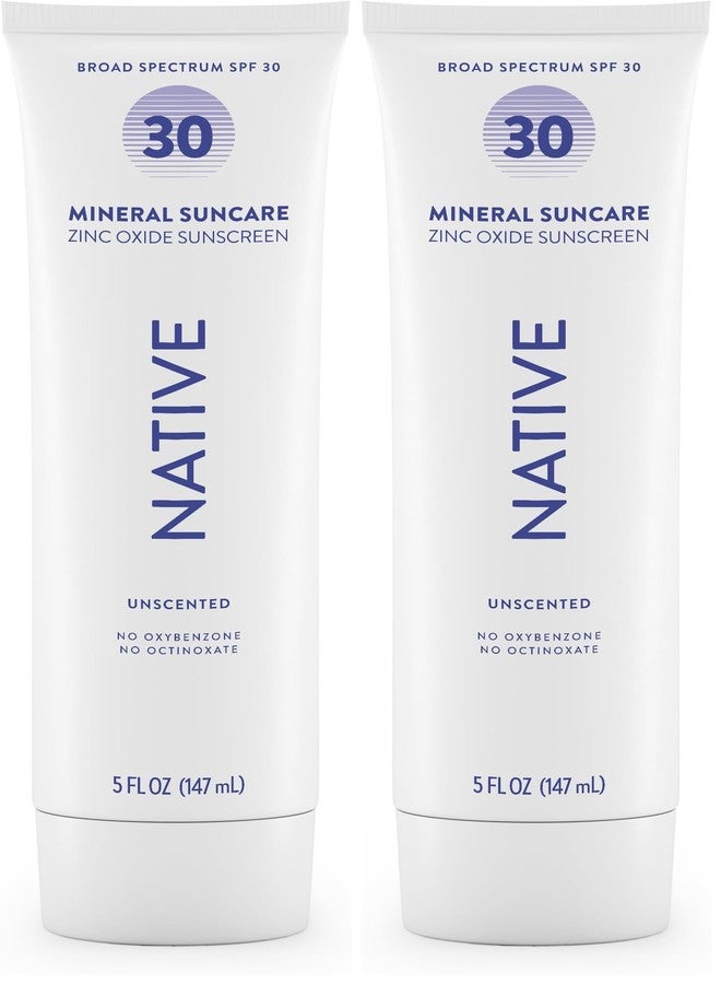 Native Sunscreen SPF 30,Zinc Oxide Dermatologist Tested Suitable for Sensitive Skin & Hawaii Compliant,5 Ounces | Unscented Sun Protection Lotion,Lightweight & Smooth,(Pack of 2)