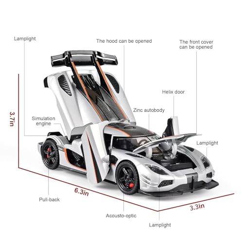 FLYKIRIN Toy Cars 1/32 Scale Koenigsegg One Diecast Cars,Car Models with Light Sound and Pull Back,Car Toys Birthday Gifts for Boys and Boyfriends (Silvery) - Image 5