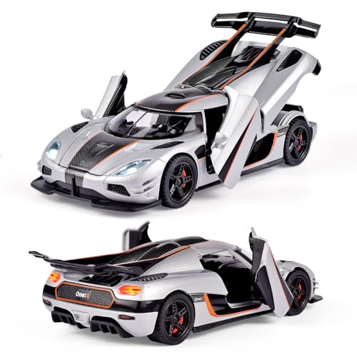 FLYKIRIN Toy Cars 1/32 Scale Koenigsegg One Diecast Cars,Car Models with Light Sound and Pull Back,Car Toys Birthday Gifts for Boys and Boyfriends (Silvery) - Image 3