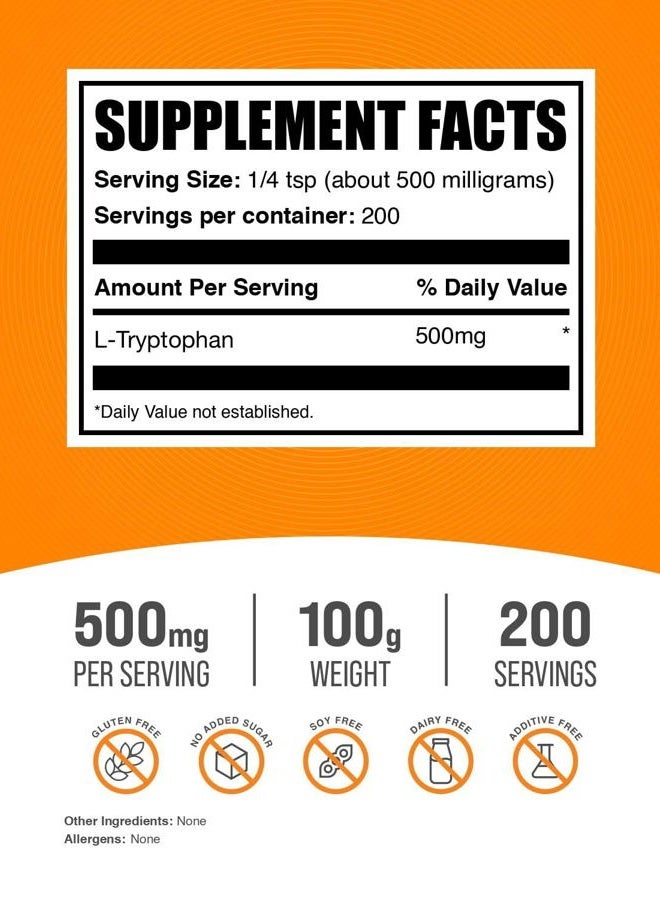 BULKSUPPLEMENTS.COM L-Tryptophan Powder - Amino Acids Supplement for Mood Support - 500mg of L-Tryptophan Powder per Serving, 200 Servings - Unflavored, Gluten Free (100 Grams - 3.5 oz) - Image 2