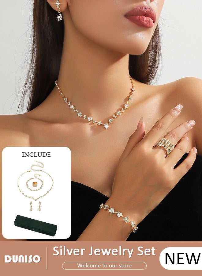 DUNISO 4pcs Silver Bridal Jewelry Set, Include Rhinestone Necklace Bracelet Earrings and Ring, Brides Bridesmaid Prom Costume Accessories, Wedding Bridesmaid Gifts fit with Wedding Dress  - Image 1