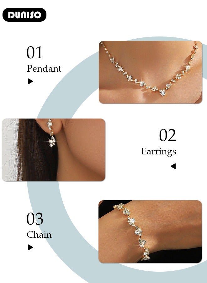 DUNISO 4pcs Silver Bridal Jewelry Set, Include Rhinestone Necklace Bracelet Earrings and Ring, Brides Bridesmaid Prom Costume Accessories, Wedding Bridesmaid Gifts fit with Wedding Dress  - Image 2
