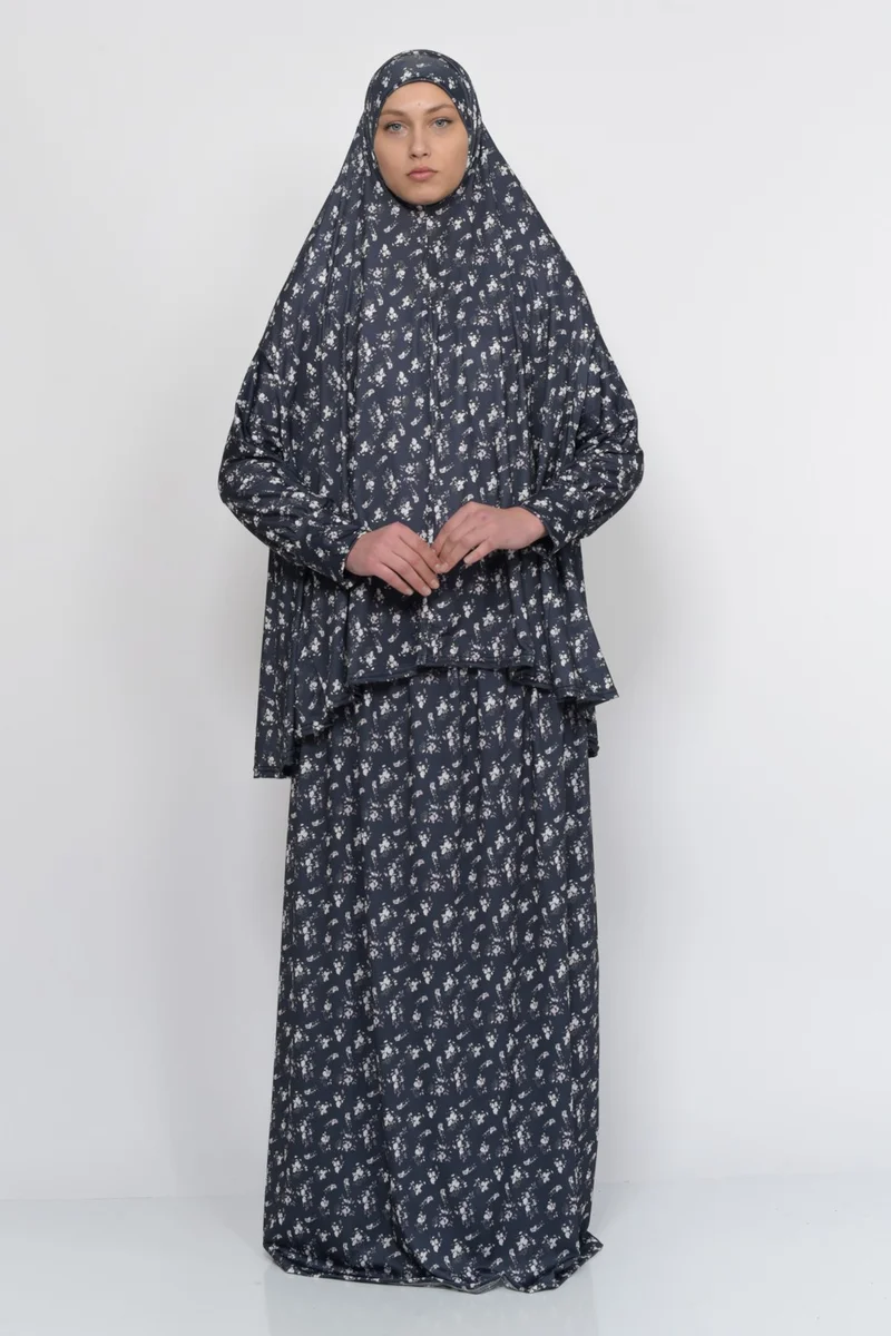 Altobeh Practical Two Piece Floral Patterned Bat Sleeves Lycra Hijab Prayer Dress with Headscarf 992-0210