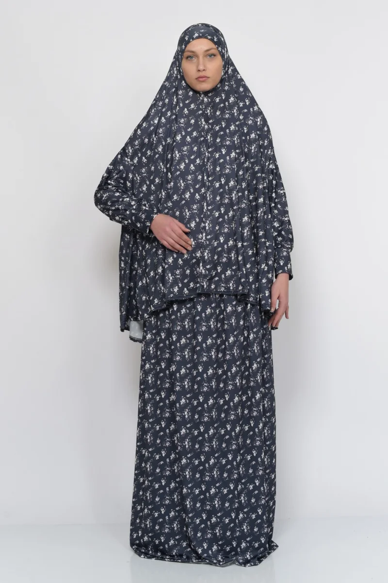 Altobeh Practical Two Piece Floral Patterned Bat Sleeves Lycra Hijab Prayer Dress with Headscarf 992-0210