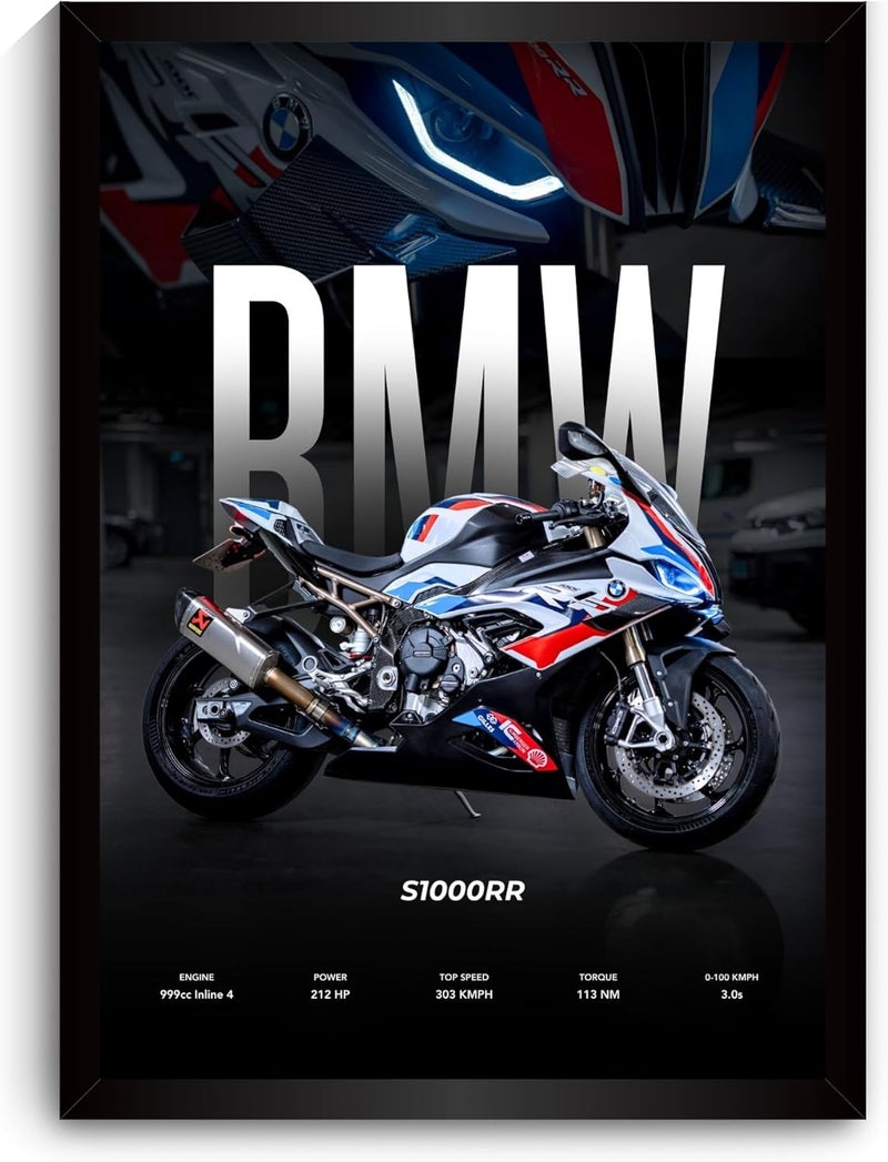Funk You Store ملصق BMW S1000RR | ملصق دراجة نارية خارقة من بي إم دبليو بإطار | ملصق غير لامع لدراجة خارقة | ملصقات دراجات بحجم A3 (31 × 23 سم) | ملصقات دراجات موتوراد للحائط، المنزل، غرفة النوم، غرفة المعيشة | S1000RR - Image 1