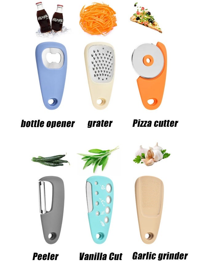HOMESTAR 6 Pieces Kitchen Gadgets Set - Space Saving Cooking Tools Kitchen Accessories - Garlic Grinder, Cheese Grater, Vegetable/Fruit Peeler, Pizza Cutter, Herb Stripper, Bottle Opener - Image 4