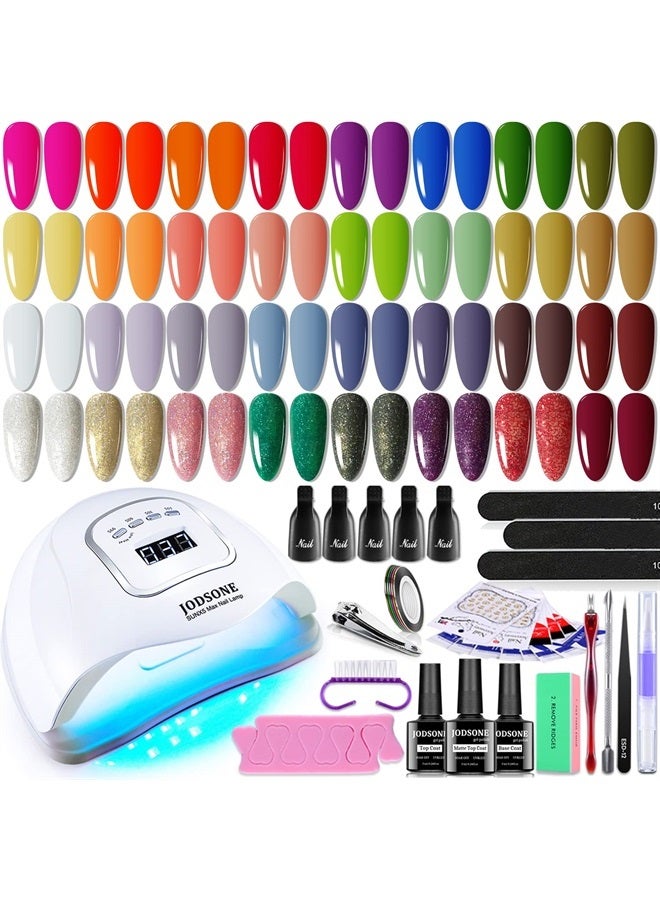 JODSONE طقم طلاء أظافر جل مع ضوء UV 32 لون طقم طلاء جل مع قاعدة بدون مسح وطبقة علوية غير لامعة مصباح أظافر LED 150 واط طقم جل أظافر للمبتدئين أدوات صالون مانيكير - Image 1