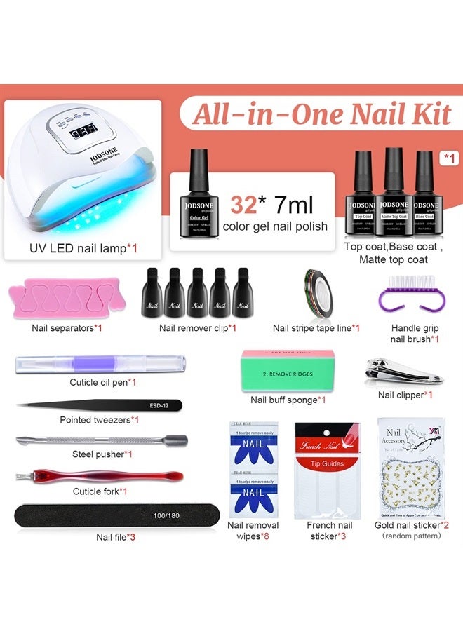 JODSONE طقم طلاء أظافر جل مع ضوء UV 32 لون طقم طلاء جل مع قاعدة بدون مسح وطبقة علوية غير لامعة مصباح أظافر LED 150 واط طقم جل أظافر للمبتدئين أدوات صالون مانيكير - Image 2