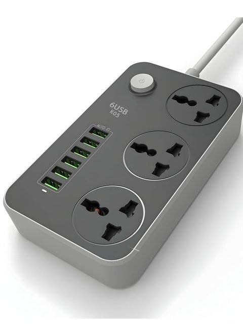 NEW GLOBAL Extension Cord with 6 USB Slots & 3-Way Plug – Heavy Duty Power Strip with Surge Protector (Black)