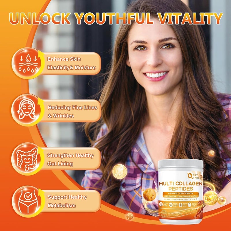 NATURE TARGET MultiCollagenPeptidesPowder for Joint Support Hydrolyzed Collagen for Women Men with MSM  GC Type I II III V X Collagen for Skin Hair  Nail NonGMO 35 Servings - Image 4