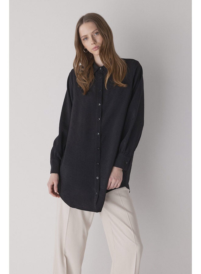Woman Relax Fit Shirt Neck Woven Long Sleeve Tunic