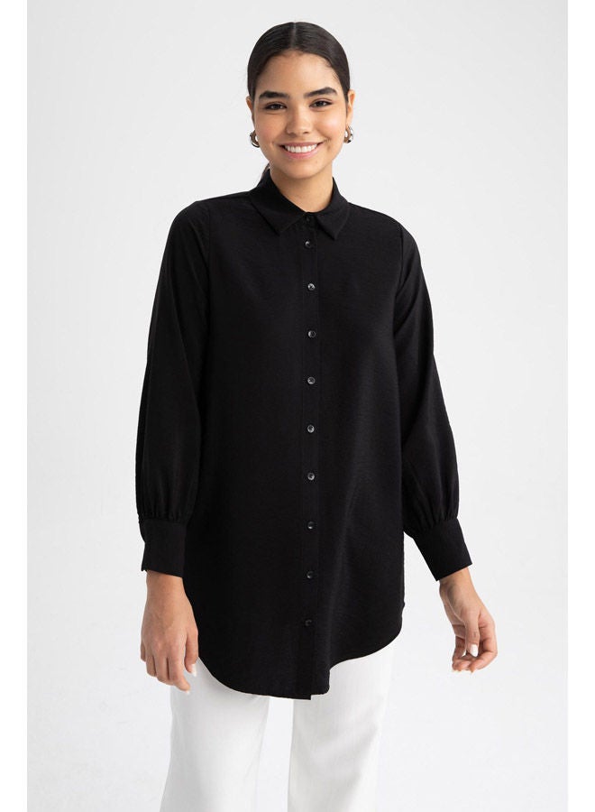 Woman Relax Fit Shirt Neck Woven Long Sleeve Tunic