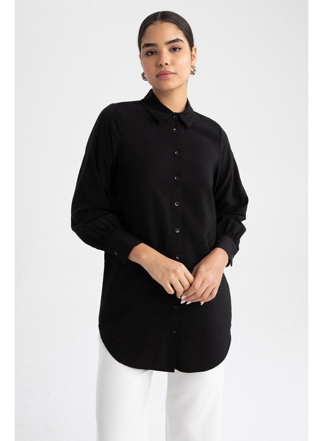 Woman Relax Fit Shirt Neck Woven Long Sleeve Tunic