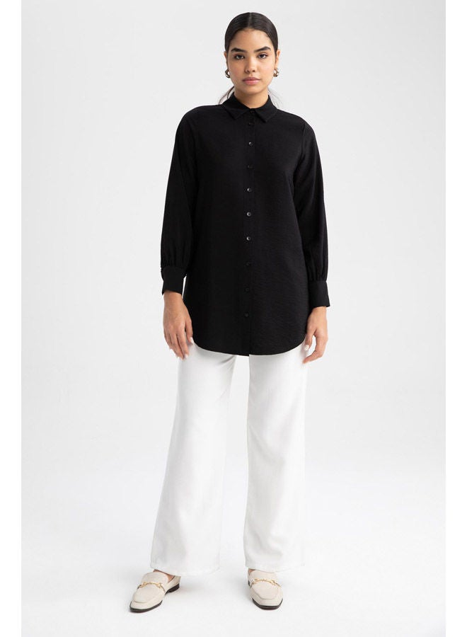 Woman Relax Fit Shirt Neck Woven Long Sleeve Tunic