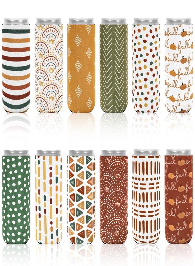 وولاين مجموعة Whaline من 12 قطعة من أغطية علب المشروبات النحيفة للخريف، سعة 12 أونصة، بتصميم بوهيمي أنيق، مصنوعة من النيوبرين المعزول، مثالية لفصل الخريف وعيد الشكر، قابلة لإعادة الاستخدام، لحفظ المشروبات في العلب والزجاجات، وتزيين الحفلات. - Image 1
