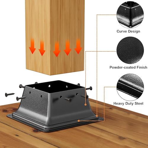 FMhotu 4x4 Post Base 4Pcs, Internal 3.6"x3.6" Heavy Duty Powder-Coated Steel Post Bracket Fit for Standard Wood Post Anchor, Decking Post Base for Deck Porch Handrail Railing Support with Screws - Image 3