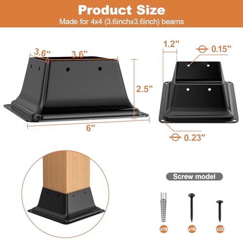 FMhotu 4x4 Post Base 4Pcs, Internal 3.6"x3.6" Heavy Duty Powder-Coated Steel Post Bracket Fit for Standard Wood Post Anchor, Decking Post Base for Deck Porch Handrail Railing Support with Screws - Image 2