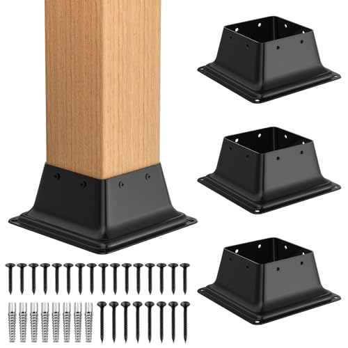 FMhotu 4x4 Post Base 4Pcs, Internal 3.6"x3.6" Heavy Duty Powder-Coated Steel Post Bracket Fit for Standard Wood Post Anchor, Decking Post Base for Deck Porch Handrail Railing Support with Screws - Image 1