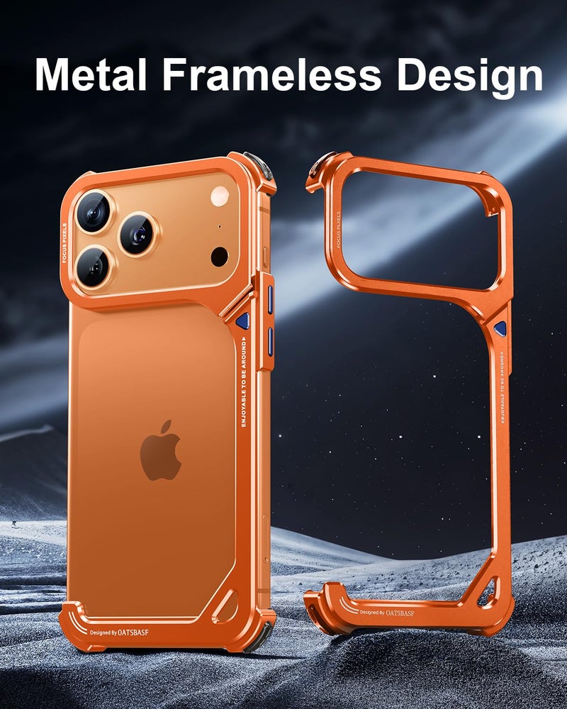 Oatsbasf حافظة OATSBASF 9 لهاتف iPhone 17 Pro Max - حافظة بامبر معدنية، إطار من الألمنيوم، تصميم نحيف بدون ظهر، متوافقة مع MagSafe، حماية مقاومة للصدمات، حافظة هاتف بدون إطار بلمسة بسيطة، برتقالية - Image 2